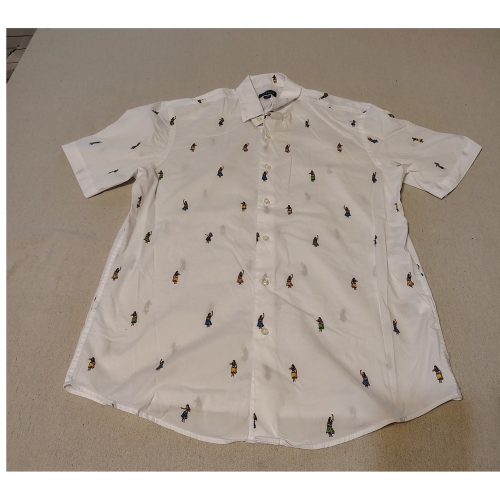 Club Room Mens White Hula Dancer Print Short Sleeve Button Up Shirt Sz Medium 11